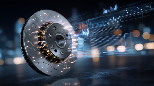 Hyperrealistic dark-tech composition of illuminated brake assembly, disc and drum glowing in futuristic digital interface style with floating data overlays