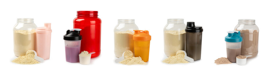 Protein powder.protein shake isolated on white background.Shaker bottle with protein.Food supplement.Whey protein powder with shaker for mixing.Sports nutrition.Concept of sports and healthy lifestyle