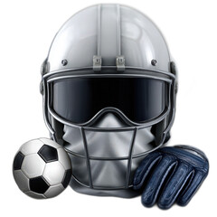 Fototapeta premium Realistic Illustration of Sports Equipment Featuring a Helmet, Soccer Ball, and Goalkeeper Glove in a Dynamic Composition