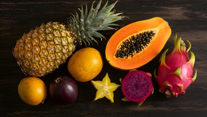 Assorted Tropical Fruits: Fresh Pineapple, Papaya, Passion Fruit, Orange, and Star Fruit on Dark Background