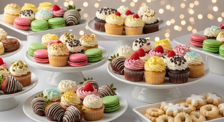 Elegant Dessert Display with Assorted Sweet Treats and Colorful Macarons