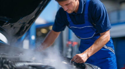 Mechanic leaning over an engine bay filled with steam, tools and coolant visible nearby, capturing the tension of vehicle overheating repair