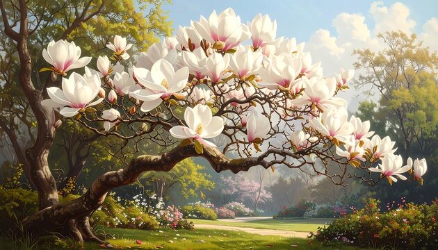 Springtime Magnolia Tree in Lush Forest.