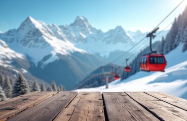 Rustic wooden table foreground offers space. Scenic snowy mountain range with red cable cars ascends ski slopes. Evergreen trees covered in snow frame beautiful winter landscape under clear blue sky.