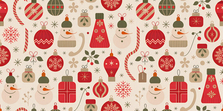 Beautiful Christmas Pattern with Festive Holiday Icons in Red and Gold Seamless Design Featuring Ornaments, Reindeer, and Snowflakes in Whimsical Digital Art Style