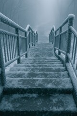 Mysterious Frosty Stairs Leading Through a Dense Fog, With Snow-Covered Steps and Icy Railings Creating an Enigmatic Winter Scene