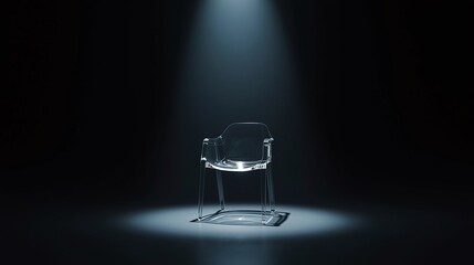 Futuristic Clear Chair Spotlight: Minimalist Solitude Concept on Dark Stage