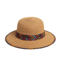 Sophisticated straw sunhat with vibrant patterned band offers stylish sun protection for summer days, adding a touch of elegance to any outfit