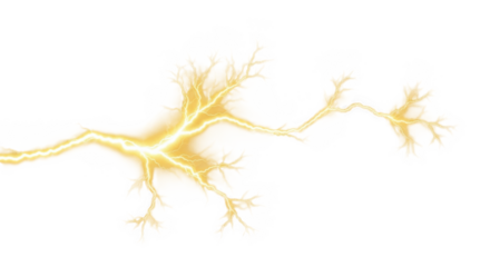 Bright yellow lightning bolt isolated on transparent background, electricity concept
