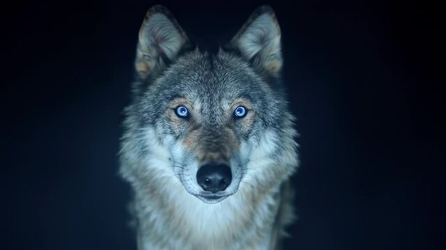 Majestic Wolf Stares Intently with Glowing Blue Eyes