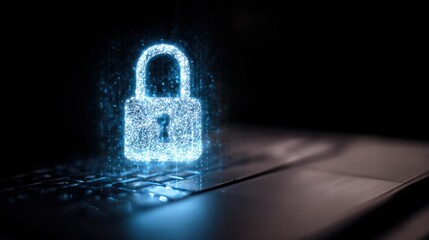 Glowing padlock hologram displayed above a laptop keyboard in a dark setting