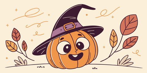 Adorable Pumpkin Witch with Star Hat Halloween Kawaii Vector