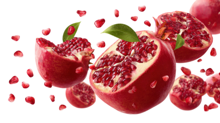 Juicy pomegranate and its half with leaves.