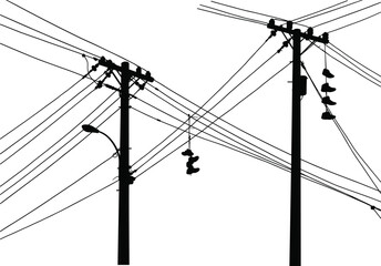 Silhouette of utility poles with power lines, insulators, streetlight attachment, rural electricity distribution, energy infrastructure, industrial landscape, high voltage grid