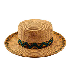 Stylish boater hat with vibrant, colorful patterned band and brim detail for summer fashion and sun protection, radiating vintage charm and elegance