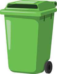 A bright green wheeled trash bin with a dark lid and a single black wheel visible on the right side.