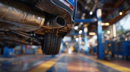 Macro perspective of undercarriage showing catalytic converter and exhaust pipe connections, realistic grease and metal textures, blurred tools and floor in background