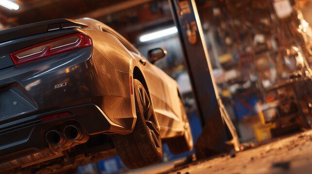Detailed garage inspection scene, car on lift with undercarriage visible, exhaust pipes and muffler in focus, soft ambient light highlighting mechanical textures