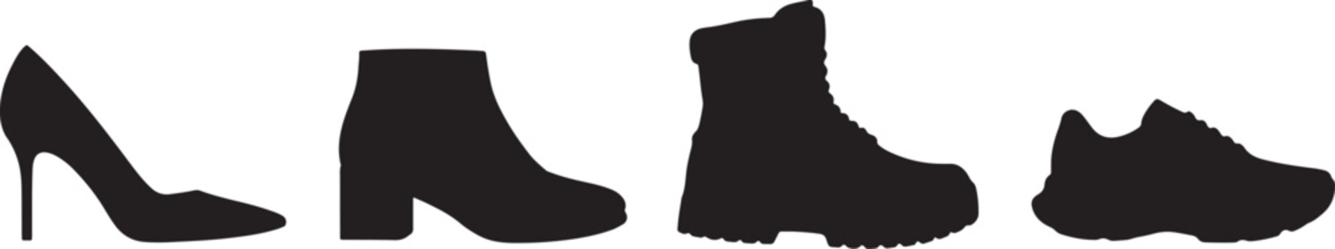 Silhouettes of four different types of footwear shoes high heel