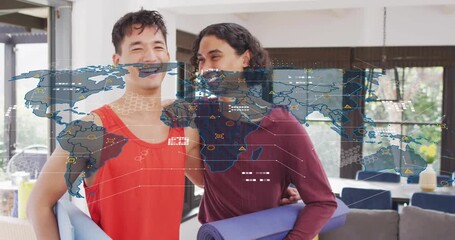 Couple laughing holding yoga mats in home, activating world map and data overlay for fitness tech - Powered by Adobe