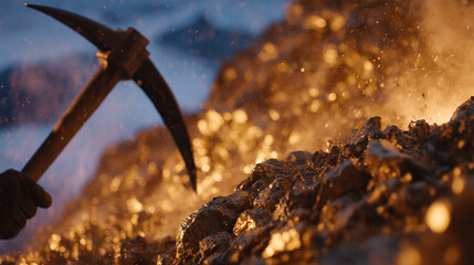Close-up of a miner swinging a pickaxe against a rocky wall in a dimly lit underground gold mine tunnel, dust and small rock fragments flying, warm amber lighting illuminating the