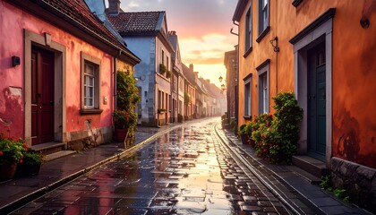 Colorful European Street at Sunrise.