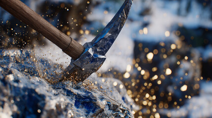 Macro shot of pickaxe striking mineral-encrusted rock, close-up of dust and small gold flecks, ambient glow from lantern in underground tunnel
