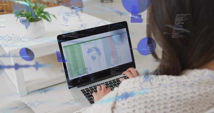 Woman typing on laptop spreadsheet in home starting pulsing data visuals for technology then fading