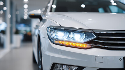 Fototapeta premium Modern car headlight illuminated with crisp white light and vibrant orange indicators, lens details and reflections highlighted on a clean white backdrop