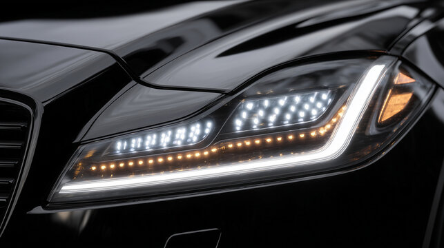 Futuristic car headlight close-up with glowing white LEDs and amber indicator lights, sharp chrome reflections against a minimalistic black background