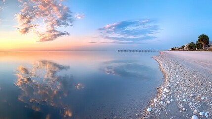 a tranquil beach during twilight, pastel skies mirrored on calm waters, with seashells scattered along the shore.