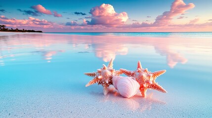 a tranquil beach during twilight, pastel skies mirrored on calm waters, with seashells scattered along the shore.