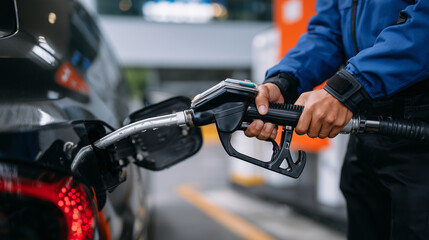 Macro perspective of fuel nozzle in use, hand holding it steadily while inserting into car tank, emphasizing automotive maintenance and personal transportation