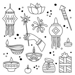 Diwali, the traditional Indian festival of lights. Set line holiday decor items. Vector cartoon flat illustration.