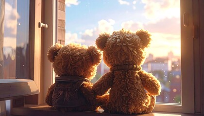 Teddy Bears Watching Sunrise Through Window.