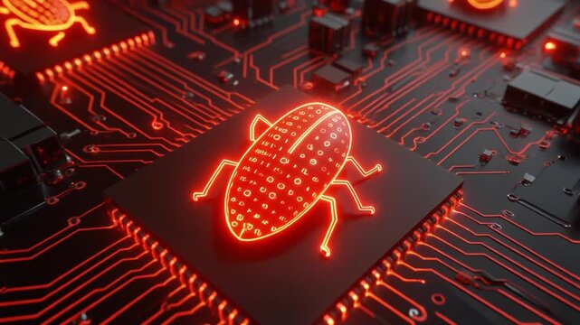 "Glowing red digital bug icons scattered across a circuit board interface&mdash;evoking cyber security threats, malware detection, and system vulnerability in a high-tech visual."