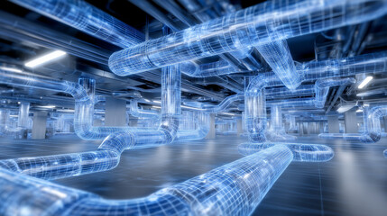 Hyper-detailed architectural blueprint of an air duct network, 3D vector rendering showing flow paths, junctions, and HVAC components for planning purposes