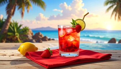 Tropical Sunset Strawberry Drink Beach Scene.