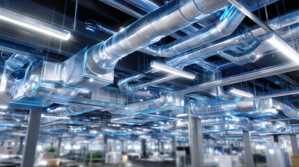 Architectural 3D BIM blueprint of ventilation system, ducts and fittings highlighted in vector style, emphasizing airflow and spatial planning