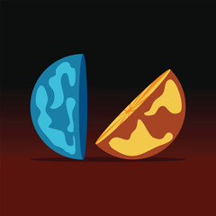 Orange Planet Halves Illustration, Futuristic Space Art with Abstract Design and Warm Color Palette