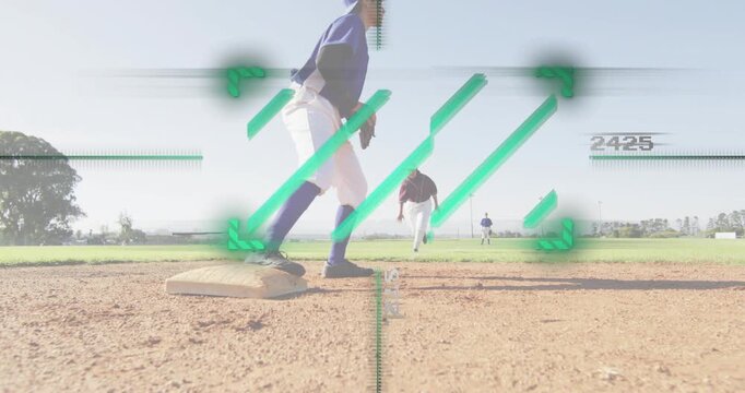 Green overlay marking base, female baseball player catching ball and tagging runner for force out