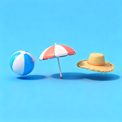 3d vector icons of balls umbrellas and a straw hat on a blue background