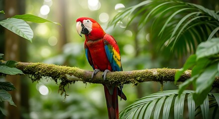 Vibrant scarlet macaw parrot perched on a mossy branch in a lush tropical rainforest with sunlit green foliage