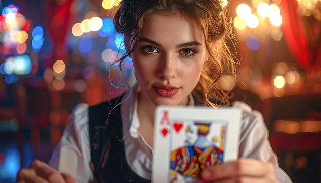 Focused Woman Holding Playing Cards.