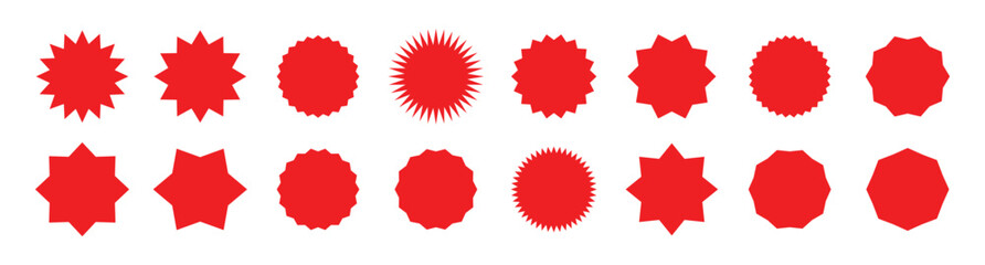 Red sticker set - collection of special offer sale round and oval sunburst labels. Red shapes and starburst designs. starburst, sunburst, stamp, seal, label or burst, badge, sticker. Vector EPS10.