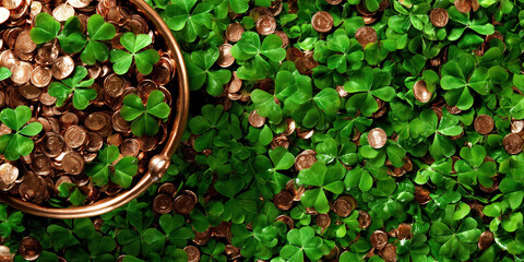 Pot of gold coins and shamrocks bringing luck for st. Patrick's day