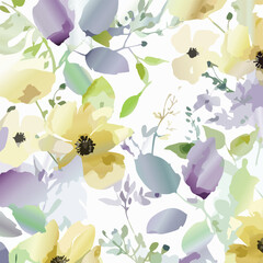 Seamless Watercolor pastel pink, lilac, and mint green flowers and leaves on a white background, Flower seamless pattern. Watercolor print in rustic vintage style, textile or wallpapers.