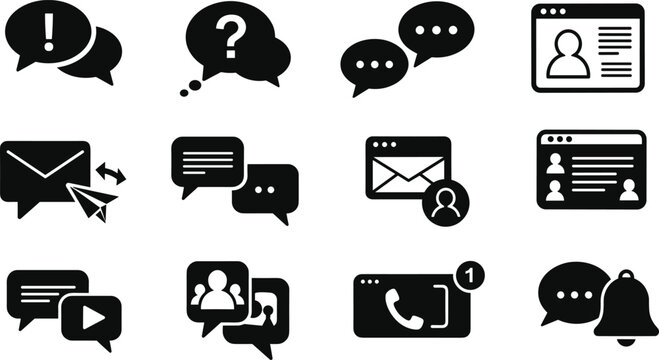 Communication and social media icon set with chat bubble, email, message, profile, call, and notification symbols for online interaction and digital connection