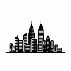 City skyline illustrated with high-rise buildings and simple skyscrapers. City skyline concept showcases urban architecture, showing dark buildings against white.