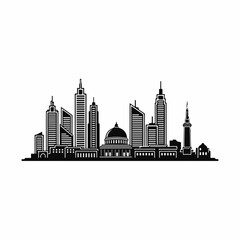 Modern city skyline features tall skyscrapers and urban architecture. Silhouette city skyline with buildings and modern structures, domes, and highrises, evoking urban development and design.